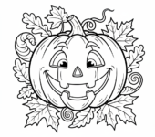 Szeroko uśmiechnięta dynia-latarnia z wyrzeźbioną twarzą, otoczona jesiennymi liśćmi, kolorowanka dla dzieci, czarn...