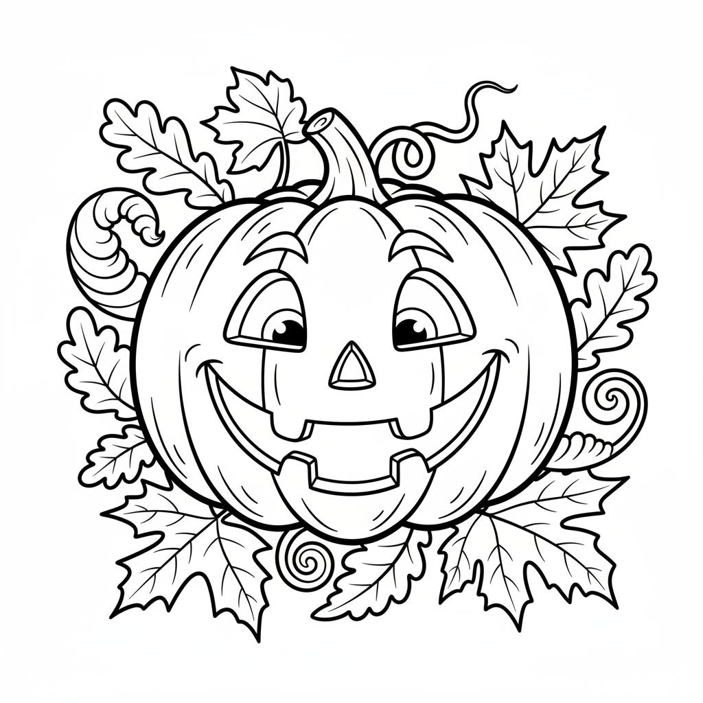 Szeroko uśmiechnięta dynia-latarnia z wyrzeźbioną twarzą, otoczona jesiennymi liśćmi, kolorowanka dla dzieci, czarn...