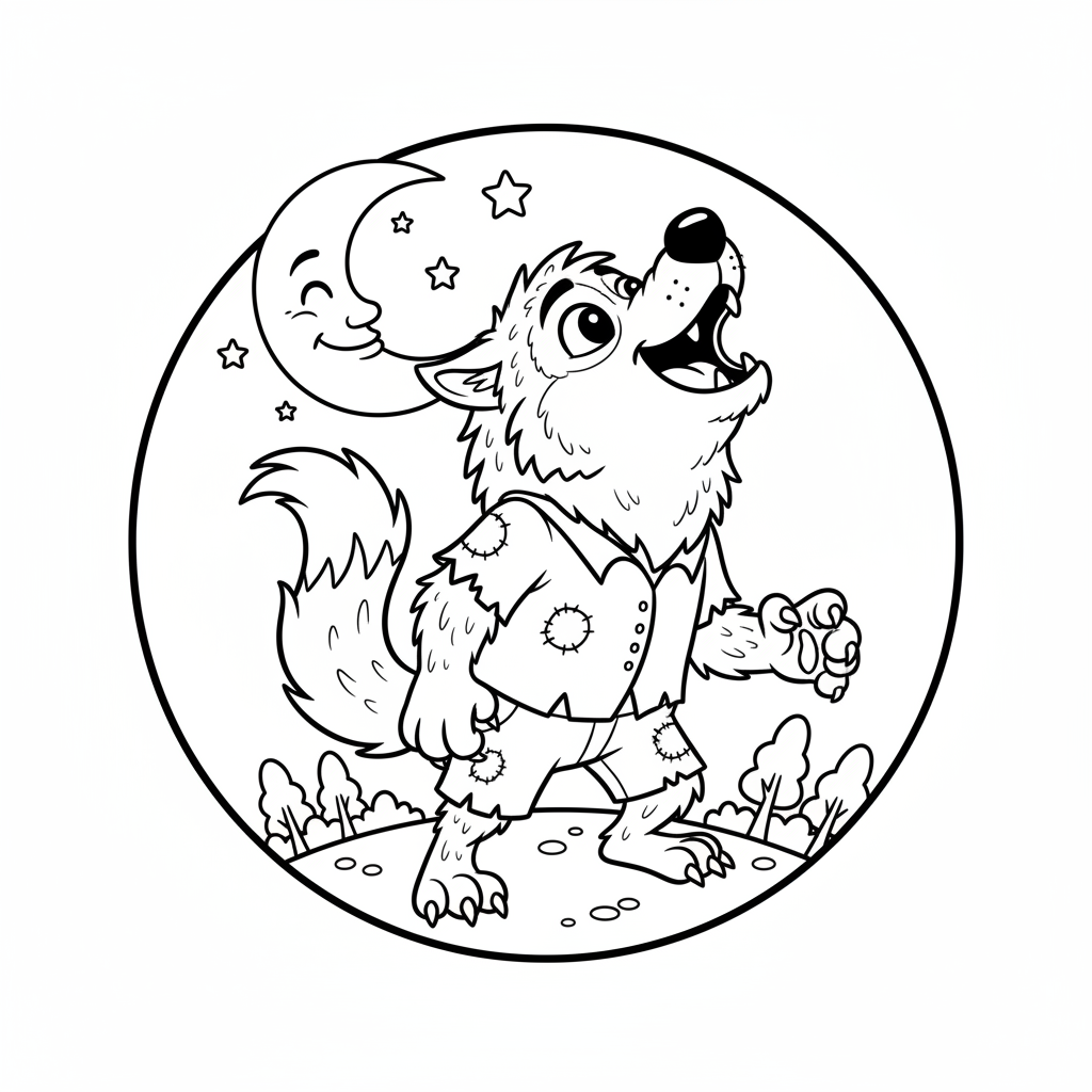 Wilkołak wyjący do księżyca, z futrzanymi detalami, kolorowanka dla dzieci, czarne kontury, białe tło.