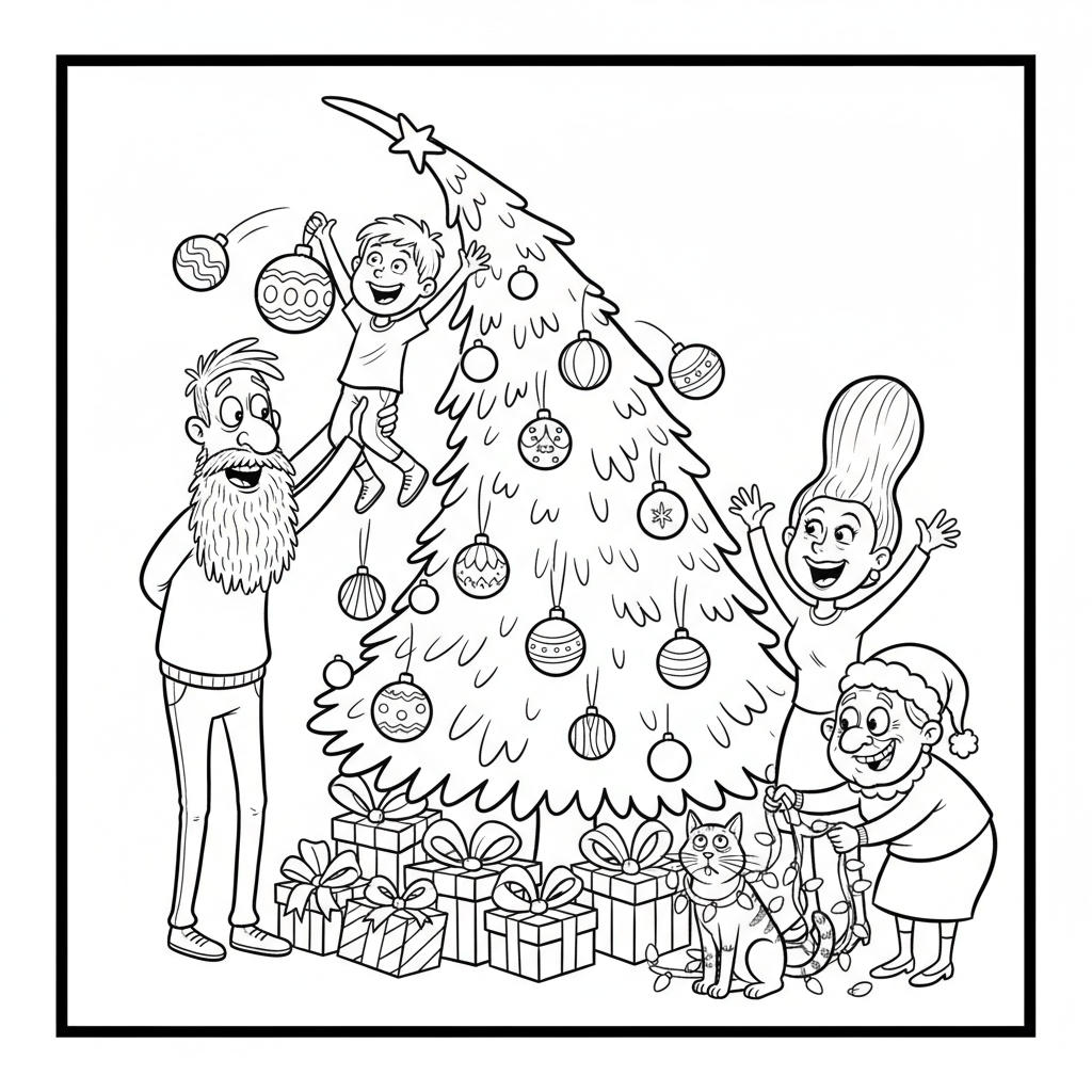 Dziecko wieszające ozdobę na choince, z innymi członkami rodziny, kolorowanka dla dzieci, czarne kontury, białe tło.