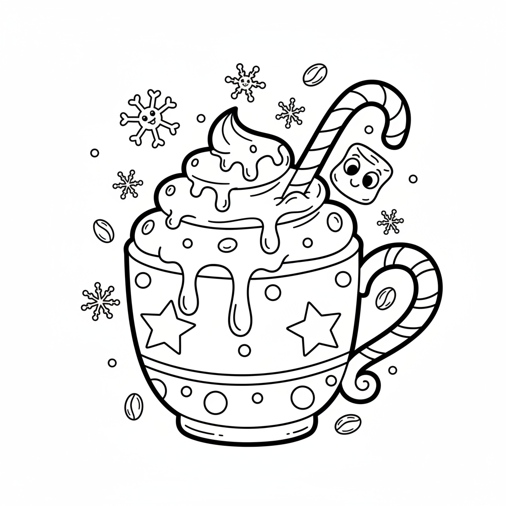 Świąteczny kubek gorącego kakao z bitą śmietaną i laską cukrową, kolorowanka dla dzieci, czarne kontury, białe tło.