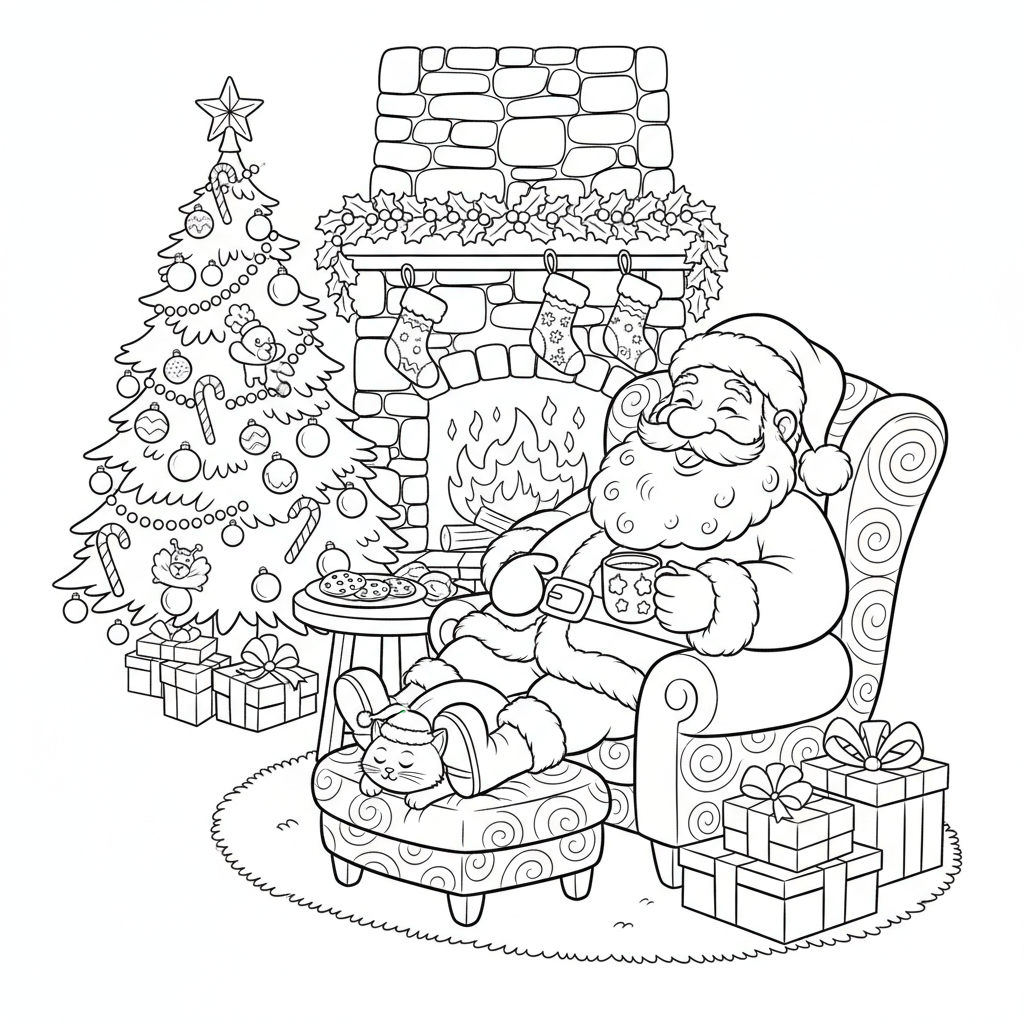 Święty Mikołaj siedzący w fotelu przy kominku, wyglądający na zadowolonego, kolorowanka dla dzieci, czarne kontury, ...