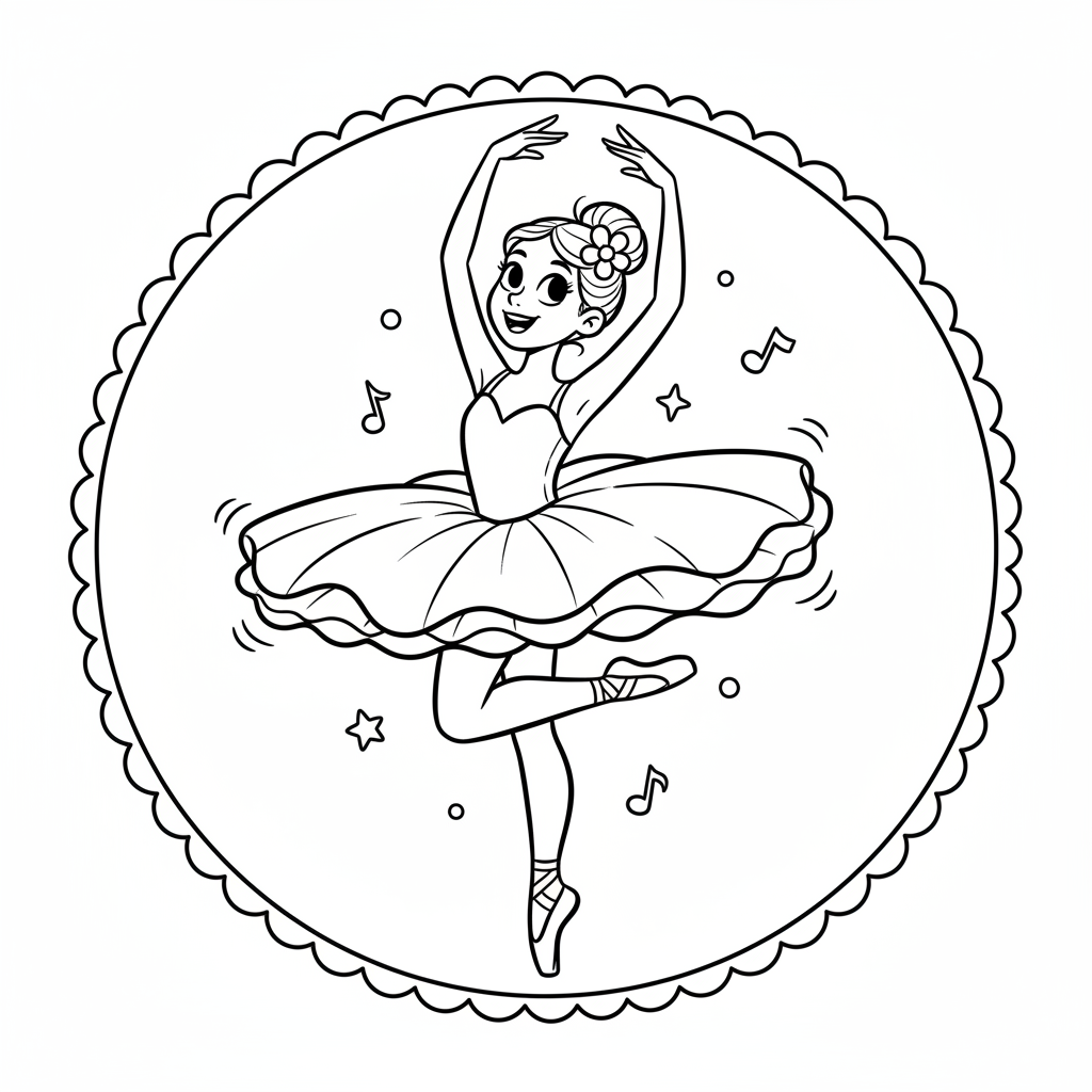 Gracja baletnica wykonująca piruet, w zwiewnej spódniczce tutu i eleganckiej posturze, kolorowanka dla dzieci, czarne ko...