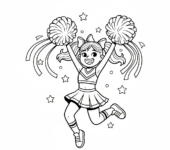 Radosna cheerleaderka skacząca z pomponami, pełna energii i entuzjazmu, kolorowanka dla dzieci, czarne kontury, białe t...