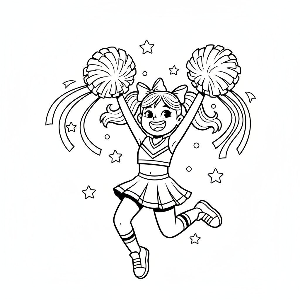 Radosna cheerleaderka skacząca z pomponami, pełna energii i entuzjazmu, kolorowanka dla dzieci, czarne kontury, białe t...
