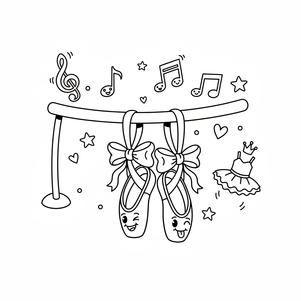 Drążek baletowy i para point, symbolizujące poświęcenie dla tańca, kolorowanka dla dzieci, czarne kontury, białe tło.