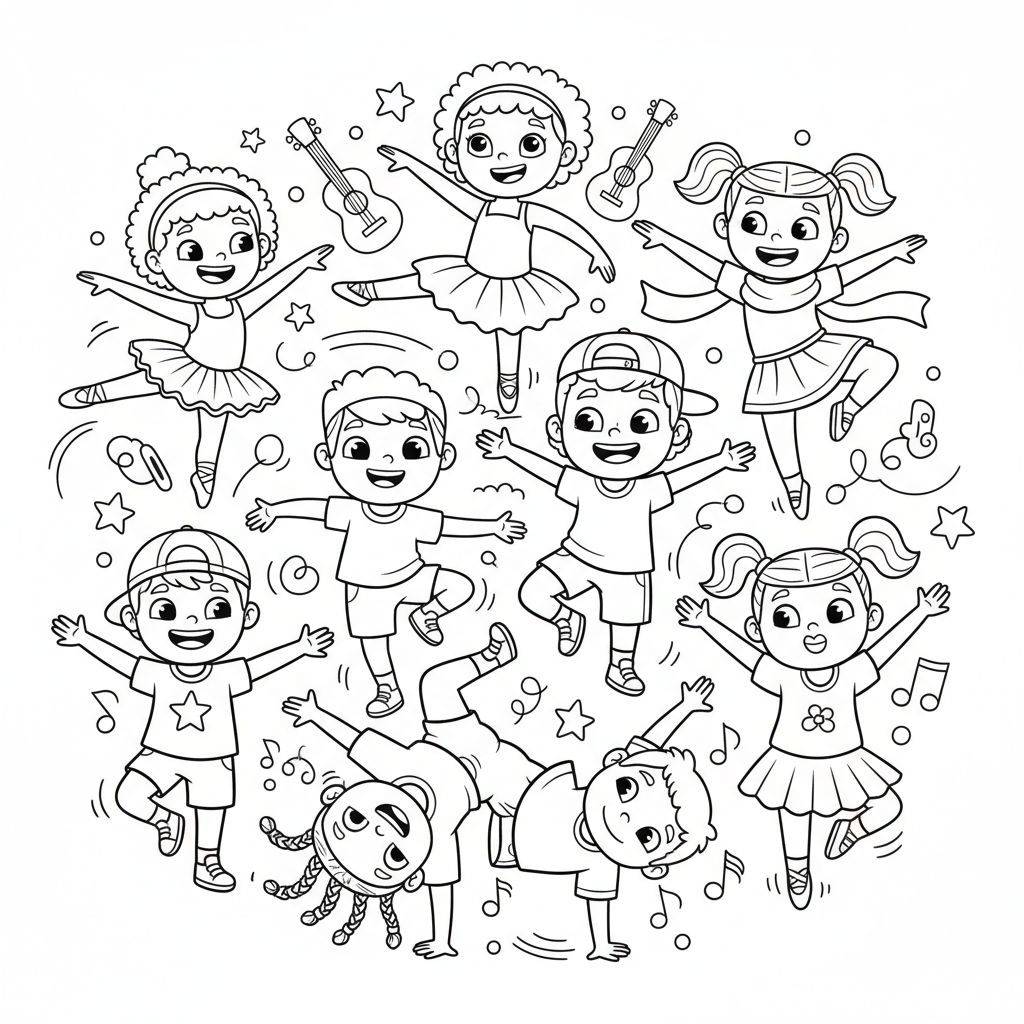 Grupa różnorodnych dzieci ćwiczących razem różne style tańca, kolorowanka dla dzieci, czarne kontury, białe tło.