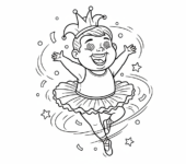 Rozbawione dziecko ubrane w kostium taneczny, wirujące z szerokim uśmiechem, kolorowanka dla dzieci, czarne kontury, bia...