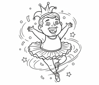 Rozbawione dziecko ubrane w kostium taneczny, wirujące z szerokim uśmiechem, kolorowanka dla dzieci, czarne kontury, bia...