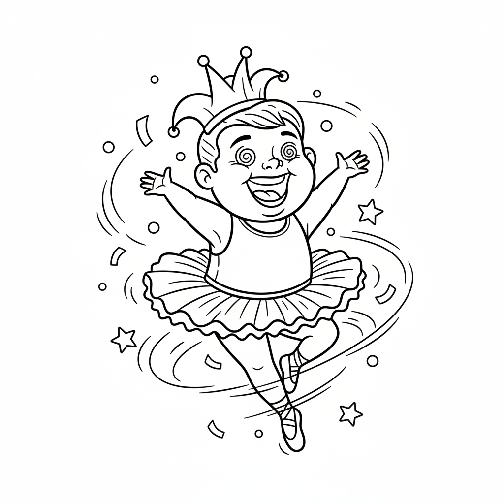 Rozbawione dziecko ubrane w kostium taneczny, wirujące z szerokim uśmiechem, kolorowanka dla dzieci, czarne kontury, bia...