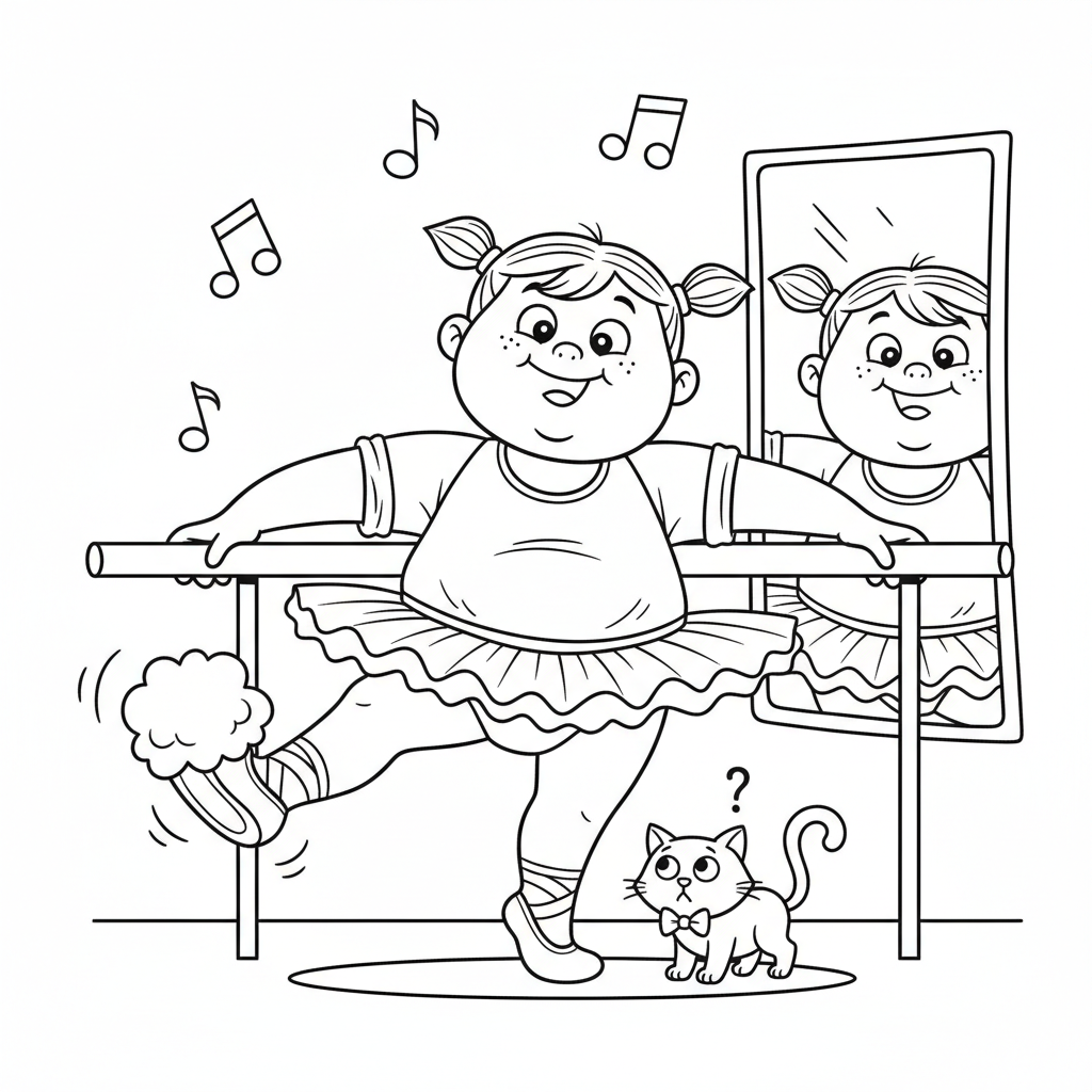 Dziecko uczęszczające na lekcję tańca, ćwiczące podstawowe pozycje baletowe przy drążku, kolorowanka dla dzieci, c...