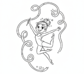 Gimnastyczka wykonująca trudny układ z wstążką, ze zwiewną wstążką, kolorowanka dla dzieci, czarne kontury, biał...