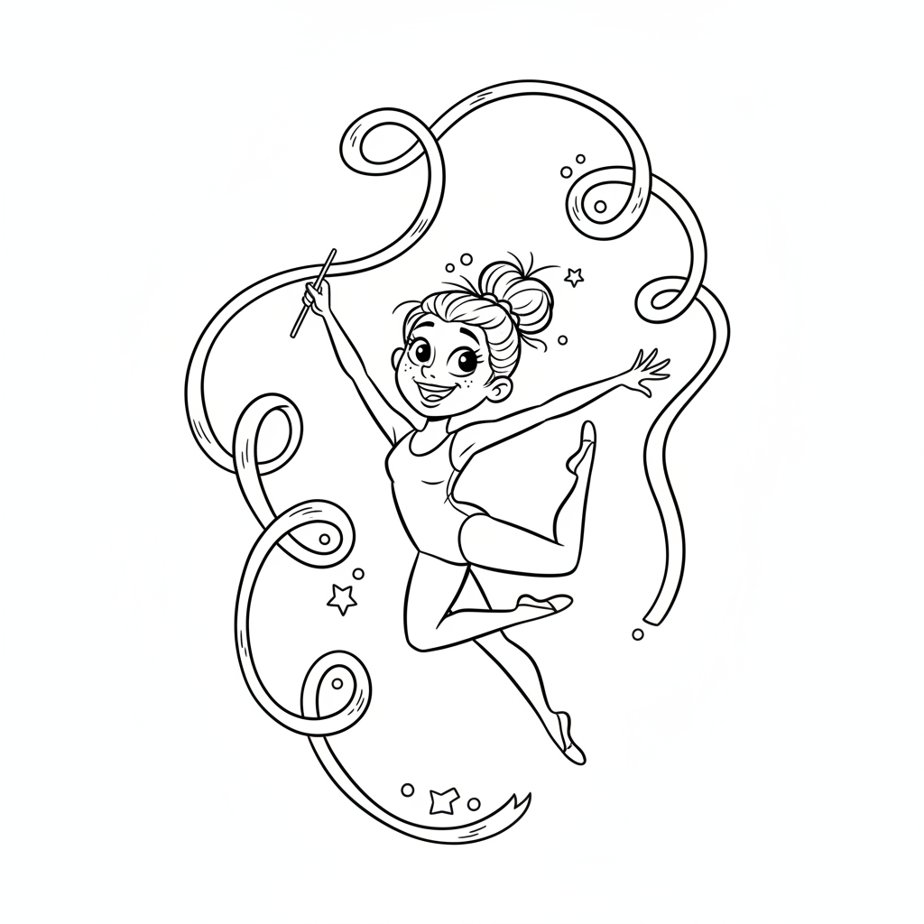 Gimnastyczka wykonująca trudny układ z wstążką, ze zwiewną wstążką, kolorowanka dla dzieci, czarne kontury, biał...