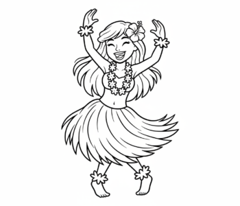 Hawajska tancerka hula w spódnicy z trawy i naszyjnikach z kwiatów, z gracją poruszająca biodrami, kolorowanka dla dzi...