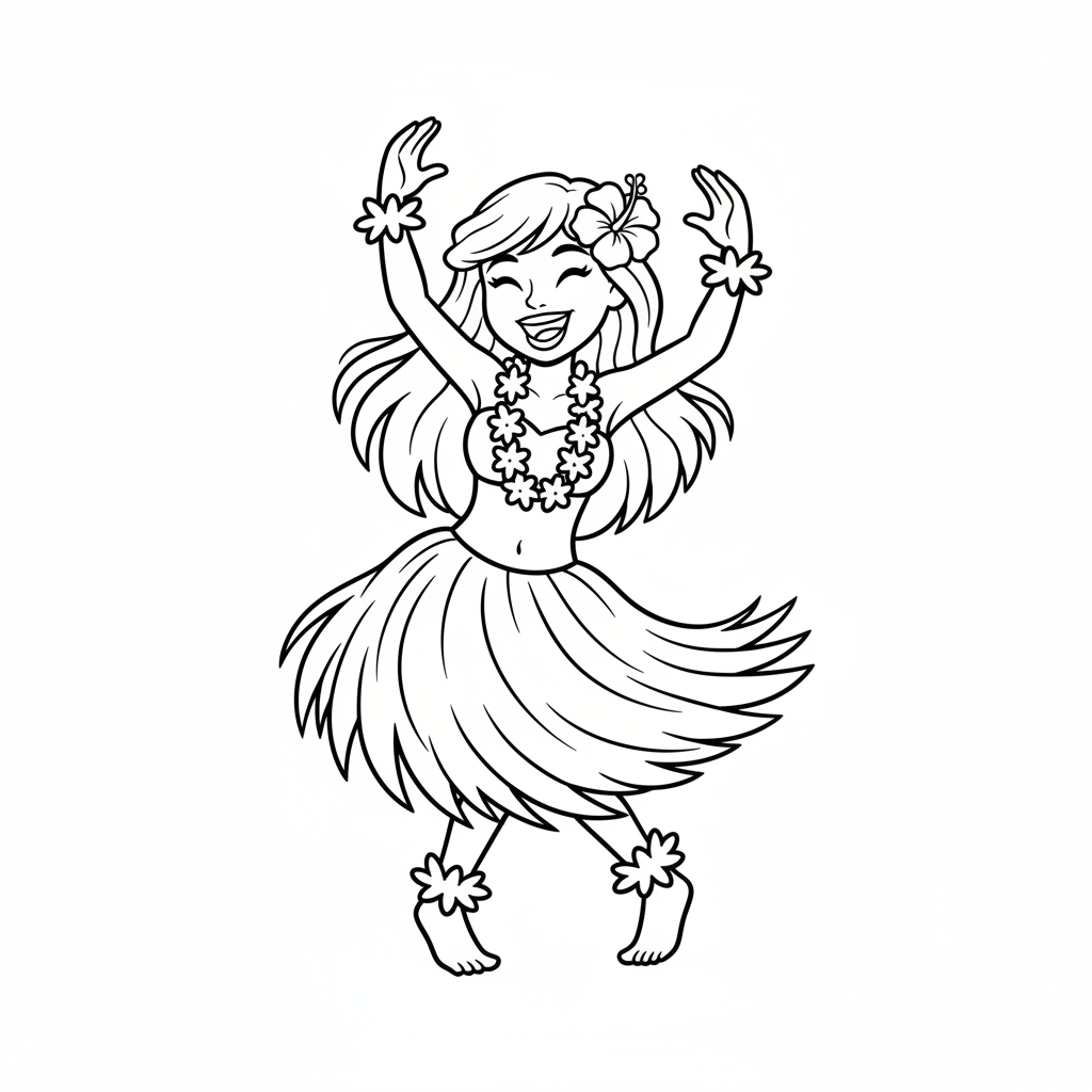 Hawajska tancerka hula w spódnicy z trawy i naszyjnikach z kwiatów, z gracją poruszająca biodrami, kolorowanka dla dzi...