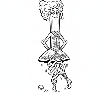 Tradycyjna irlandzka tancerka stepowa ze sztywnym tułowiem i misterną pracą nóg, kolorowanka dla dzieci, czarne kontur...