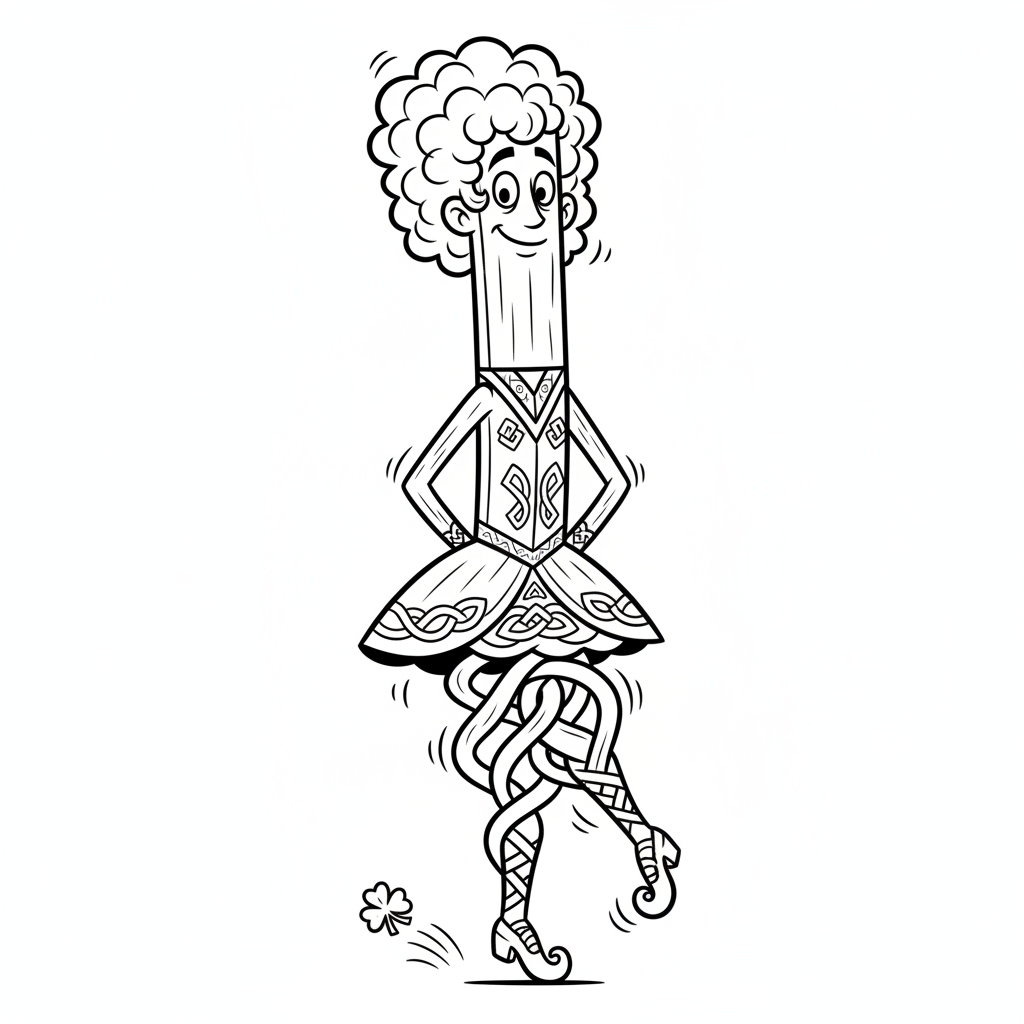 Tradycyjna irlandzka tancerka stepowa ze sztywnym tułowiem i misterną pracą nóg, kolorowanka dla dzieci, czarne kontur...