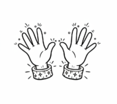 Poza "jazz hands" z błyszczącymi mankietami, kolorowanka dla dzieci, czarne kontury, białe tło.