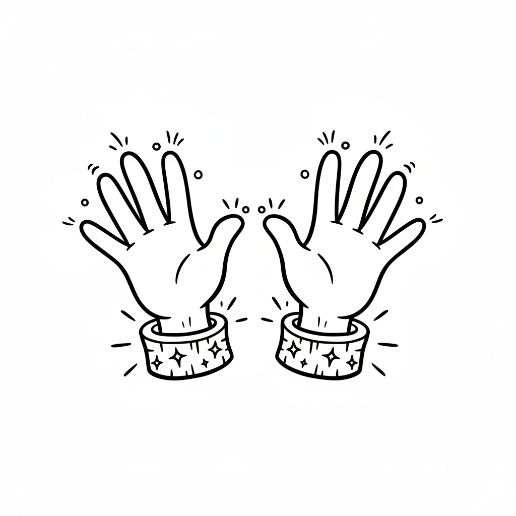 Poza "jazz hands" z błyszczącymi mankietami, kolorowanka dla dzieci, czarne kontury, białe tło.