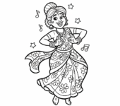 Radosna tancerka Bollywood w kolorowym sari, z misternymi gestami rąk, kolorowanka dla dzieci, czarne kontury, białe tło.