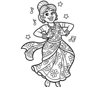 Radosna tancerka Bollywood w kolorowym sari, z misternymi gestami rąk, kolorowanka dla dzieci, czarne kontury, białe tło.