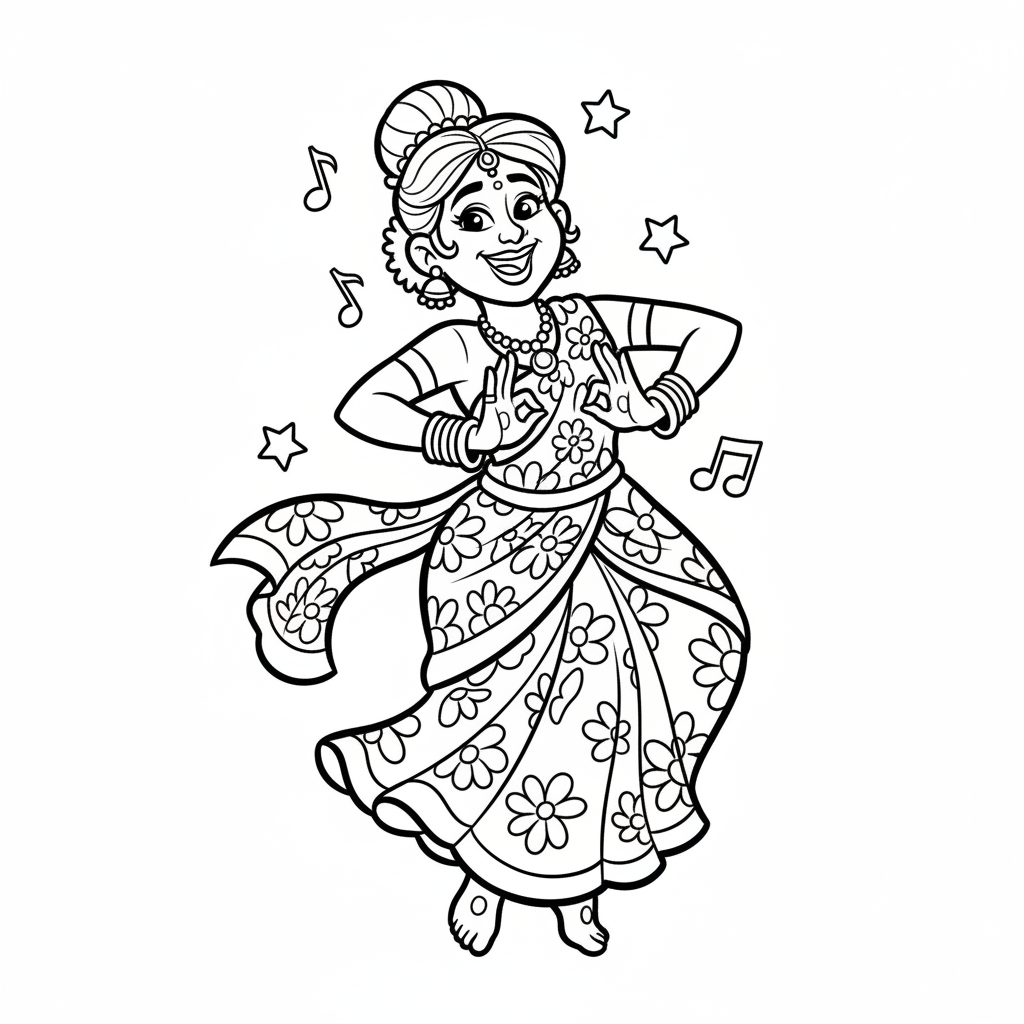 Radosna tancerka Bollywood w kolorowym sari, z misternymi gestami rąk, kolorowanka dla dzieci, czarne kontury, białe tło.