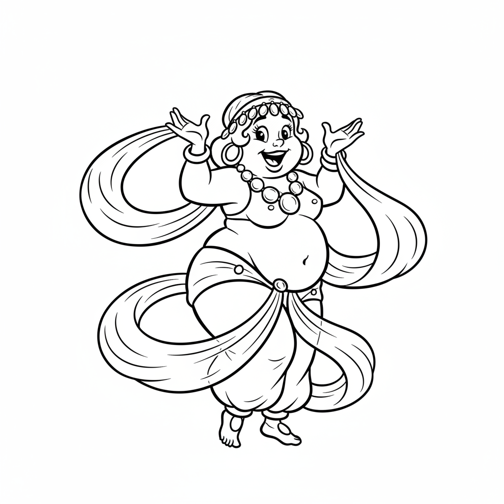 Majestatyczna tancerka brzucha w zwiewnych szalach i błyszczącej biżuterii, w urzekającej pozie, kolorowanka dla dziec...