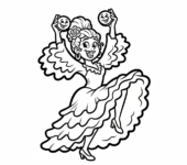 Tancerka flamenco w falbaniastej sukience i kastanietach, przyjmująca dramatyczną pozę, kolorowanka dla dzieci, czarne ...