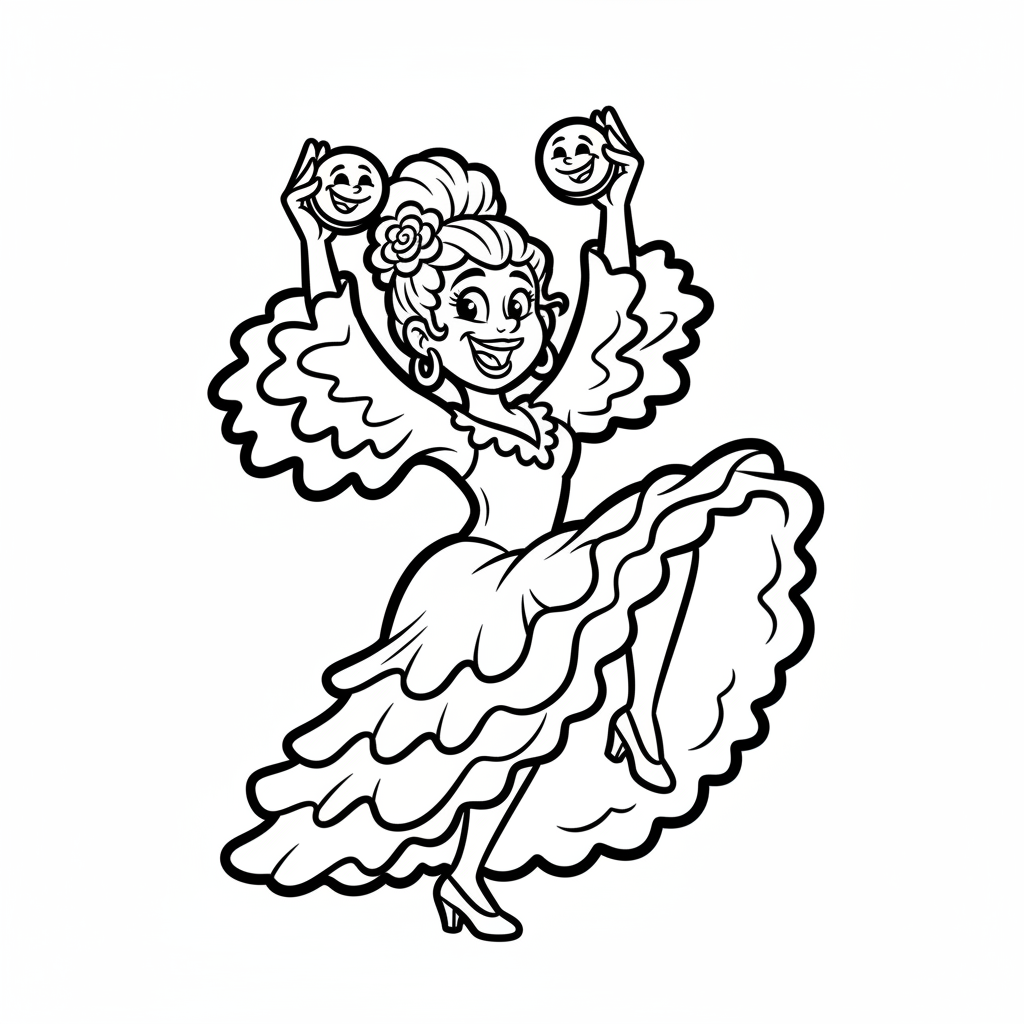 Tancerka flamenco w falbaniastej sukience i kastanietach, przyjmująca dramatyczną pozę, kolorowanka dla dzieci, czarne ...