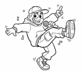 Tancerka hip-hopu w dynamicznej pozie, w luźnych ubraniach i z luzacką postawą, kolorowanka dla dzieci, czarne kontury,...