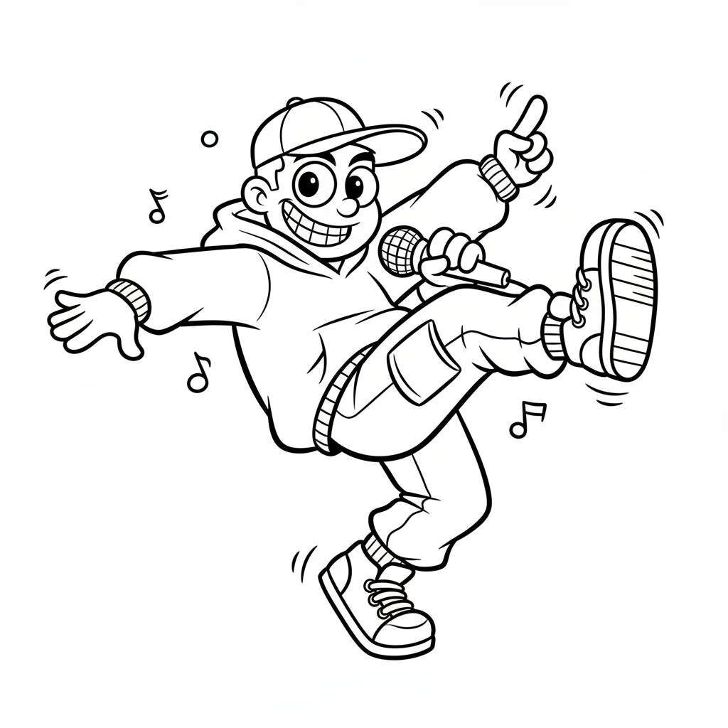 Tancerka hip-hopu w dynamicznej pozie, w luźnych ubraniach i z luzacką postawą, kolorowanka dla dzieci, czarne kontury,...