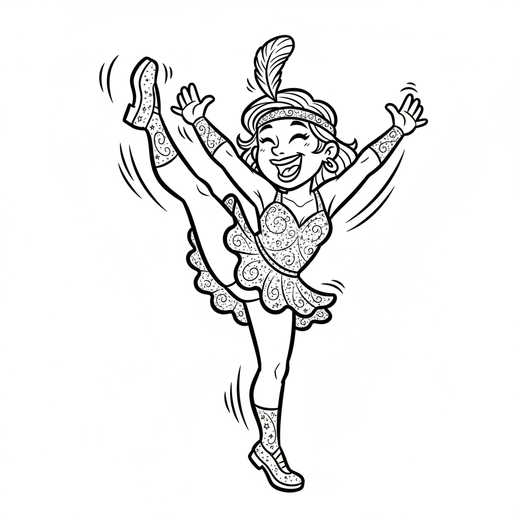 Tancerka jazzowa w błyszczącym kostiumie, wykonująca wysokie kopnięcie, pełna energii, kolorowanka dla dzieci, czarne...