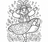 Tancerka ludowa w tradycyjnym stroju, wykonująca żywiołowy taniec kulturowy, kolorowanka dla dzieci, czarne kontury, bi...