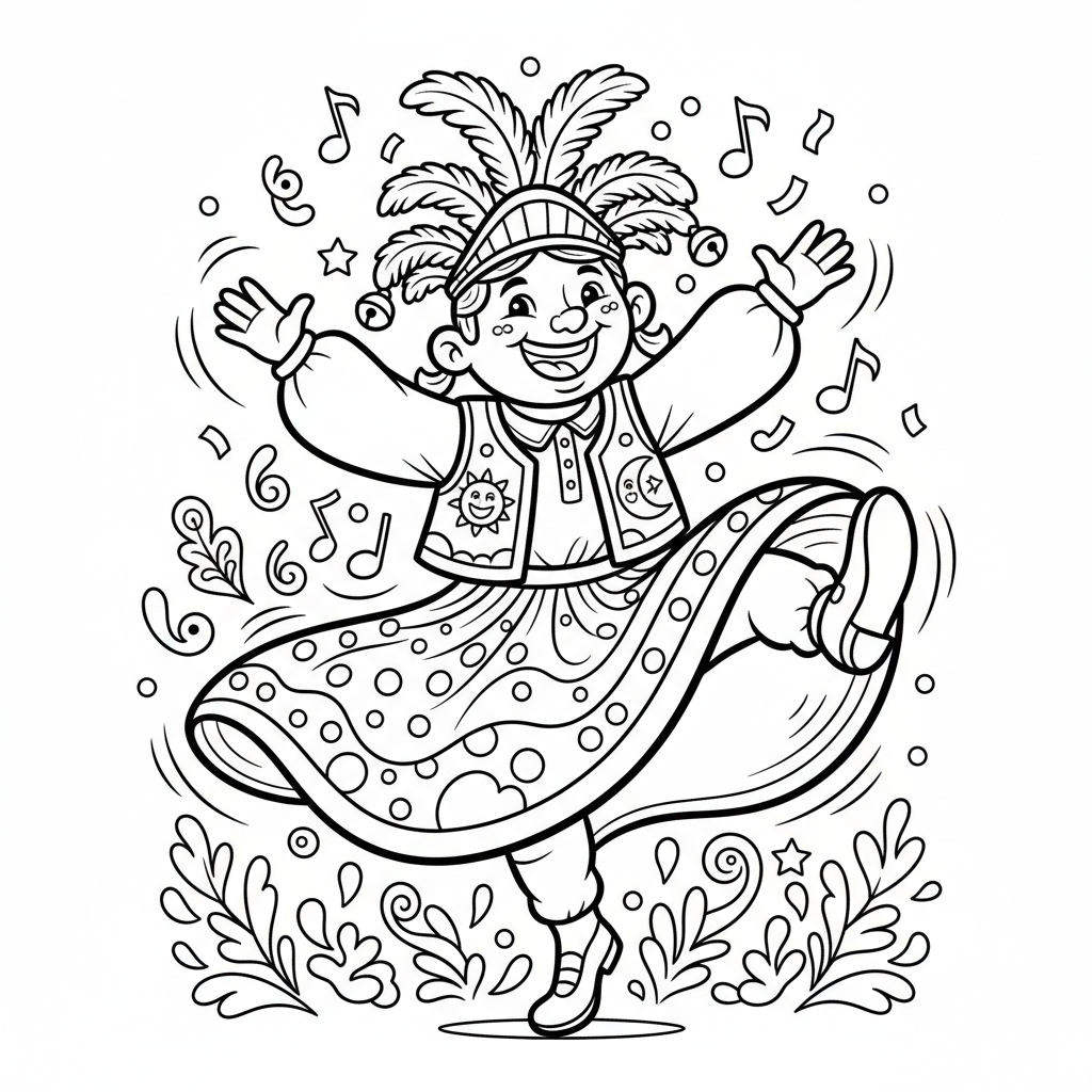 Tancerka ludowa w tradycyjnym stroju, wykonująca żywiołowy taniec kulturowy, kolorowanka dla dzieci, czarne kontury, bi...