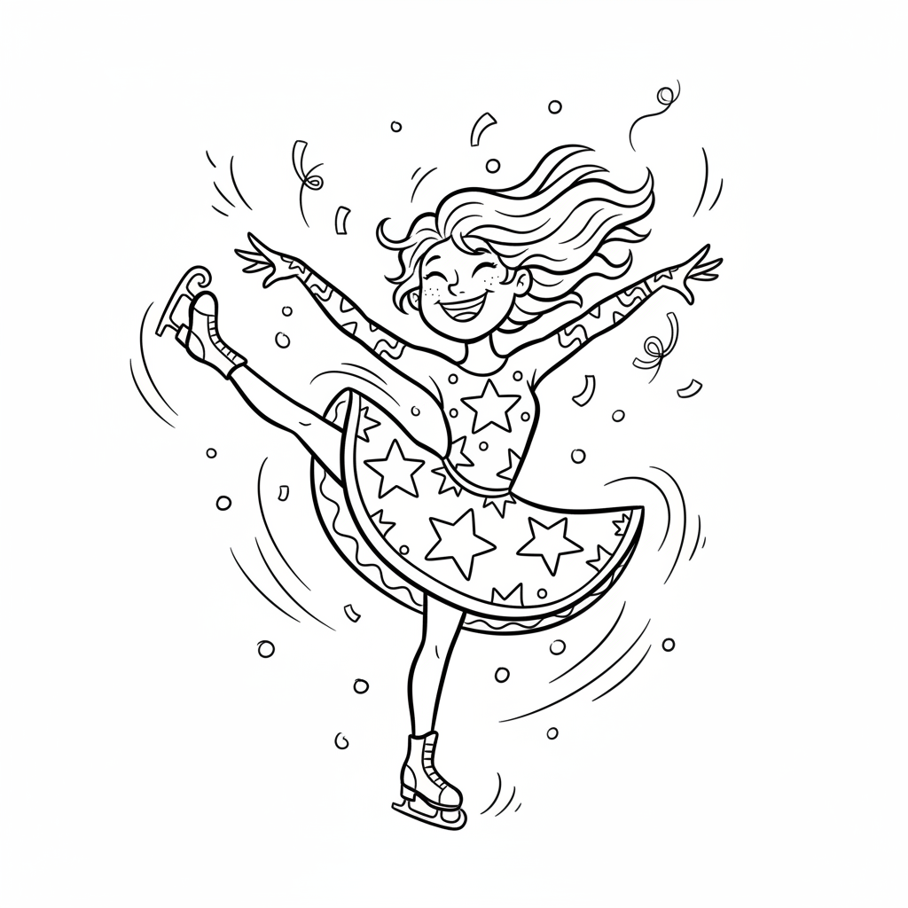 Gracja tancerka na lodzie w lśniącym kostiumie, wykonująca obrót na łyżwach, kolorowanka dla dzieci, czarne kontury,...