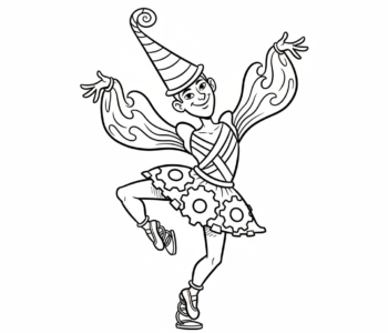 Współczesna tancerka w unikalnym, awangardowym kostiumie, przyjmująca ekspresyjną pozę, kolorowanka dla dzieci, czarn...