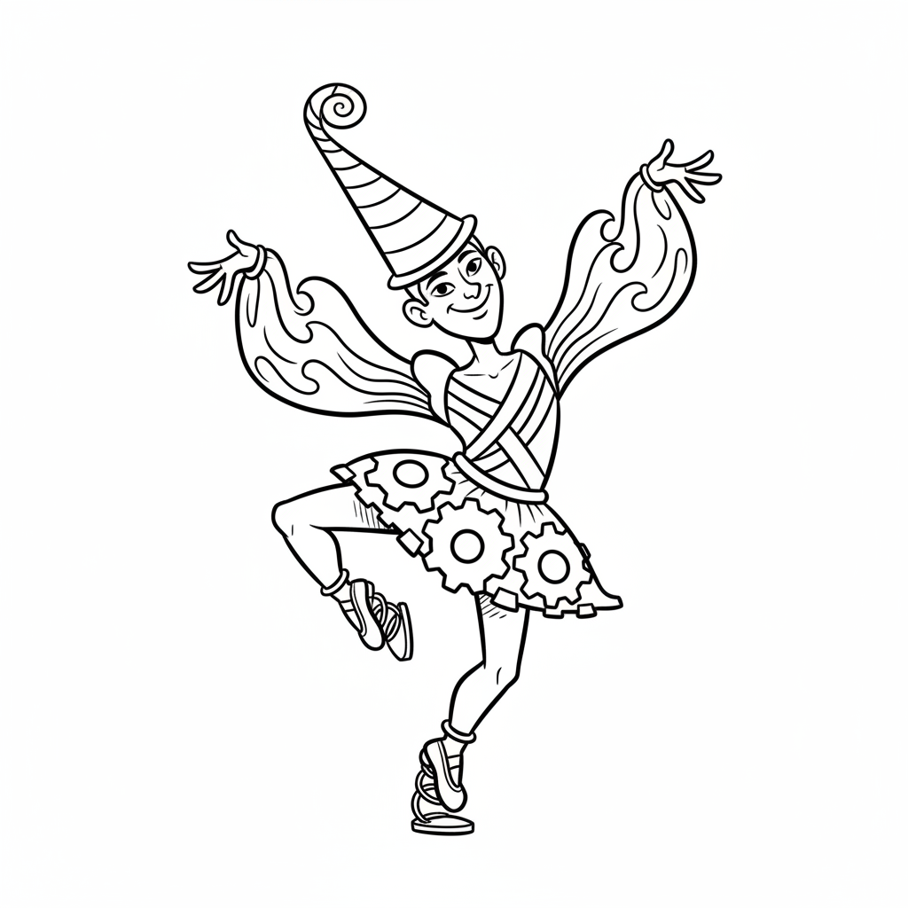 Współczesna tancerka w unikalnym, awangardowym kostiumie, przyjmująca ekspresyjną pozę, kolorowanka dla dzieci, czarn...