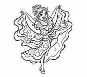 Żywiołowa tancerka salsy w falbaniastej sukience, uchwycona w namiętnym ruchu, kolorowanka dla dzieci, czarne kontury, ...