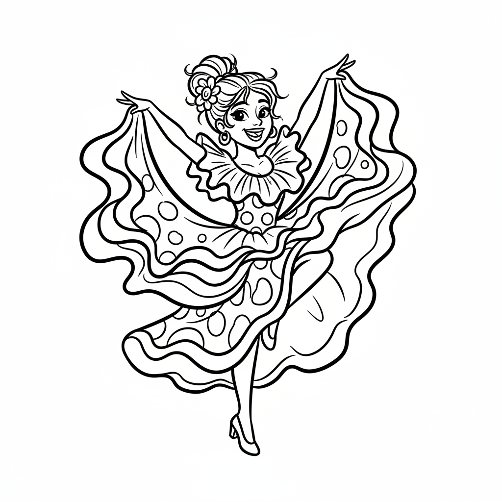 Żywiołowa tancerka salsy w falbaniastej sukience, uchwycona w namiętnym ruchu, kolorowanka dla dzieci, czarne kontury, ...