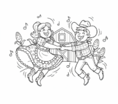 Wesoła tancerka square dance w tradycyjnym stroju, w trakcie obrotu z partnerem, kolorowanka dla dzieci, czarne kontury, ...