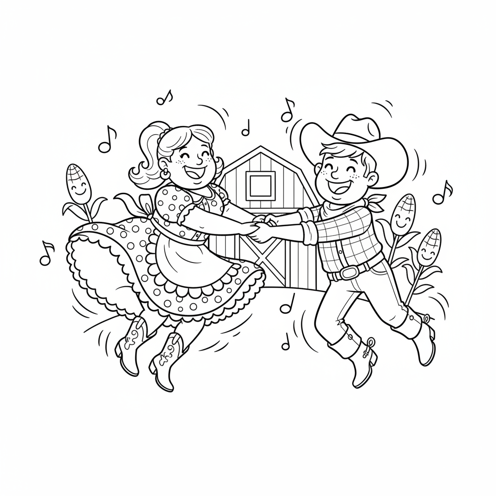 Wesoła tancerka square dance w tradycyjnym stroju, w trakcie obrotu z partnerem, kolorowanka dla dzieci, czarne kontury, ...