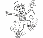 Wesoła tancerka stepująca w rytmicznych butach, w trakcie kroku, tworząca wyimaginowane dźwięki, kolorowanka dla dzie...