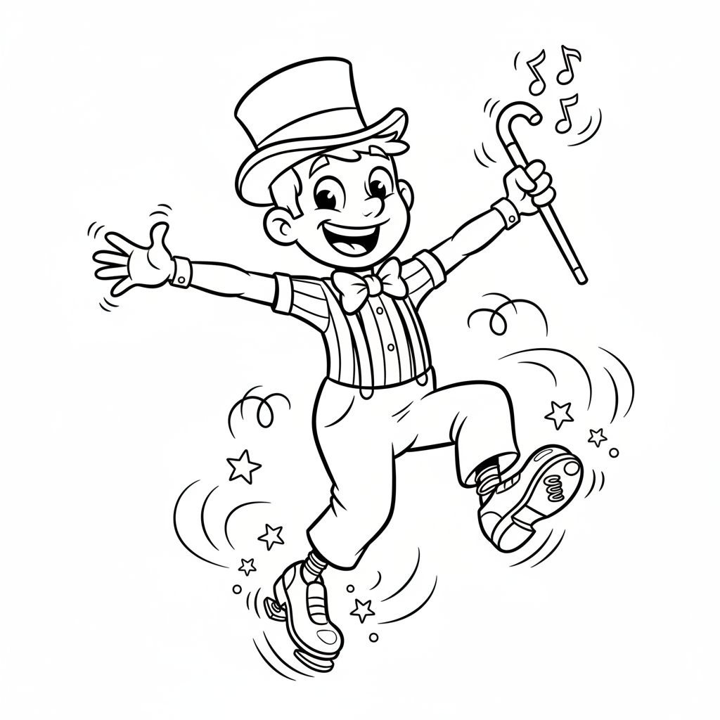 Wesoła tancerka stepująca w rytmicznych butach, w trakcie kroku, tworząca wyimaginowane dźwięki, kolorowanka dla dzie...