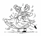 Tancerka towarzyska w eleganckiej sukni, ślizgająca się po parkiecie z partnerem, kolorowanka dla dzieci, czarne kontur...