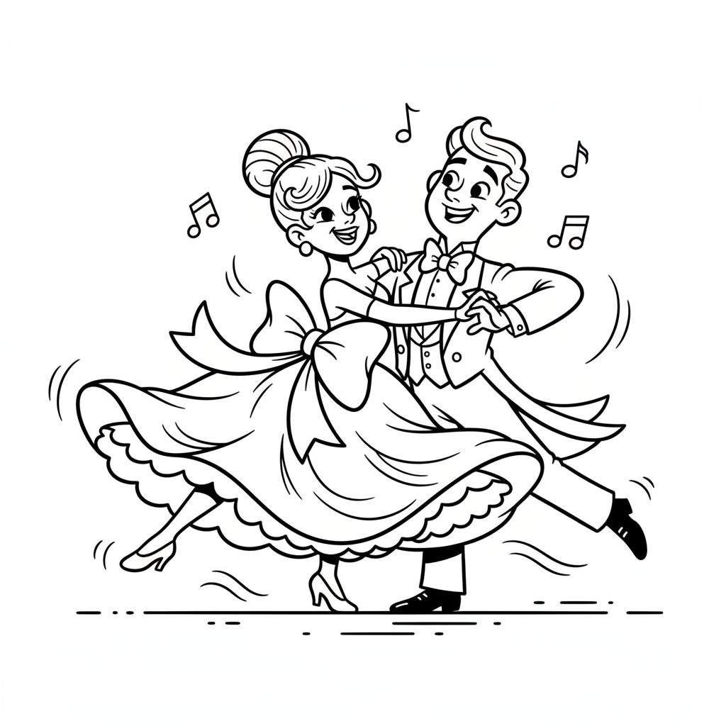 Tancerka towarzyska w eleganckiej sukni, ślizgająca się po parkiecie z partnerem, kolorowanka dla dzieci, czarne kontur...