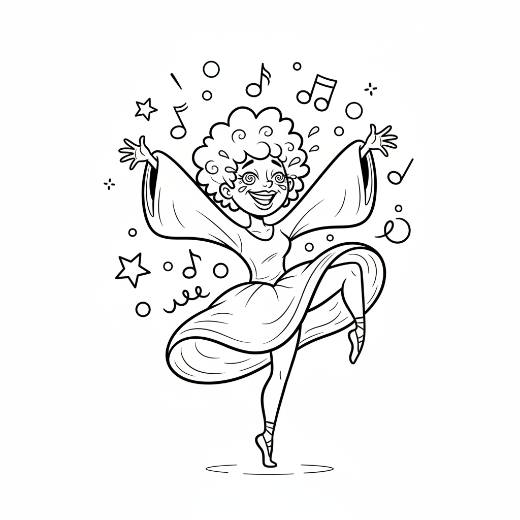 Gracja tancerka współczesna w zwiewnym stroju, wyrażająca emocje poprzez ruch, kolorowanka dla dzieci, czarne kontury,...