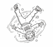 Tancerz uliczny prezentujący niesamowity ruch breakdance, wirujący na głowie, kolorowanka dla dzieci, czarne kontury, b...