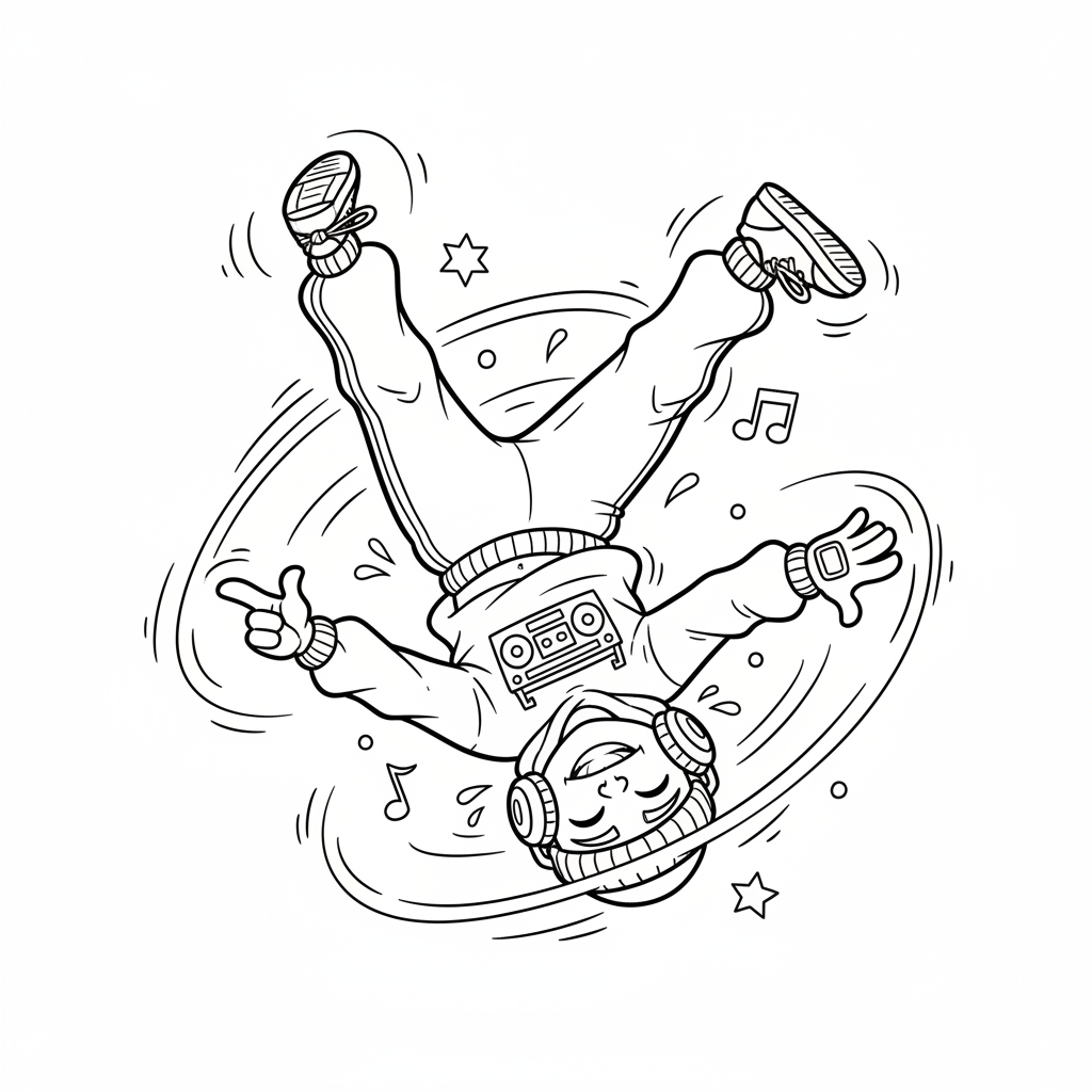 Tancerz uliczny prezentujący niesamowity ruch breakdance, wirujący na głowie, kolorowanka dla dzieci, czarne kontury, b...