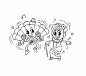 Wachlarz flamenco i pojedyncza róża, symbolizujące pasję tańca, kolorowanka dla dzieci, czarne kontury, białe tło.