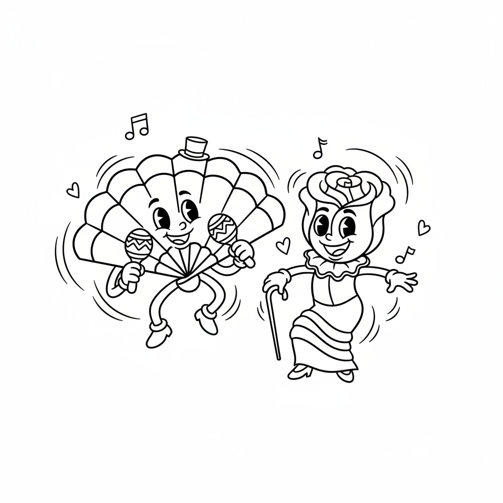 Wachlarz flamenco i pojedyncza róża, symbolizujące pasję tańca, kolorowanka dla dzieci, czarne kontury, białe tło.